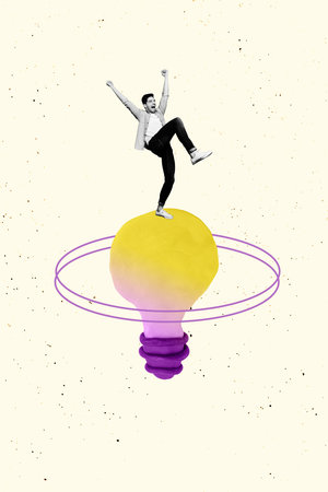 Art sketch 3d image banner collage of happy businessman stand light bulb idea finding blackout power development progressの写真素材