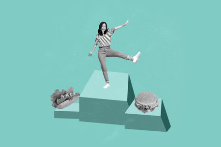 Poster graphics collage of person stand dance on first place podium with junk food products over...