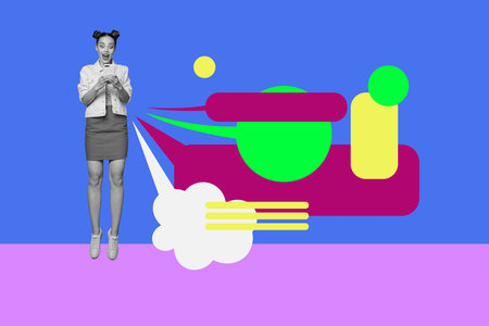 Collage with cheerful man woman colorful speech bubbles symbolizing blogging chatting and digital interactionの写真素材