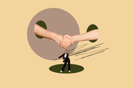 Creative collage of successful businessperson walking running over handshake symbolizing trust, partnership and achievementの写真素材