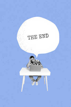 Banner trendy poster image collage of puzzled employee freelancer man sit workplace table surf laptop the end bubbleの写真素材