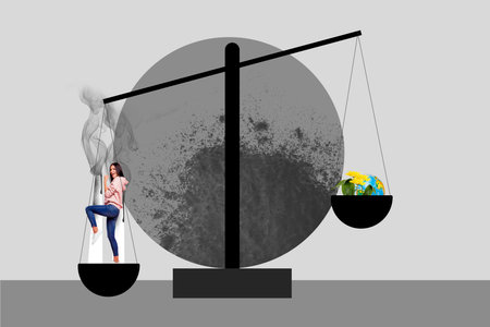 Modern earth day collage showing hills of trash highlighting pollution recycling plastic usage volunteering responsible planet attitudeの写真素材