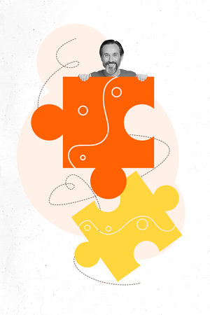 Exclusive artwork 3d banner collage of happy businessman peek puzzle element success development project jigsaw plan progressの写真素材