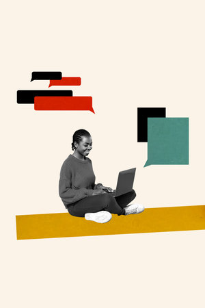 Vertical 3d design trend artwork collage of happy girl hold laptop type message notification speech icon dialogue phraseの写真素材