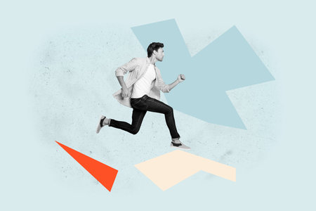 Collage of cheerful young man woman energetically among bright geometric shapes symbolizing carefree joy funの写真素材