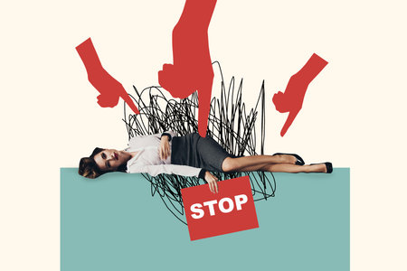 Composite 3D collage trend artwork template design of young lady lying finger point bullying...