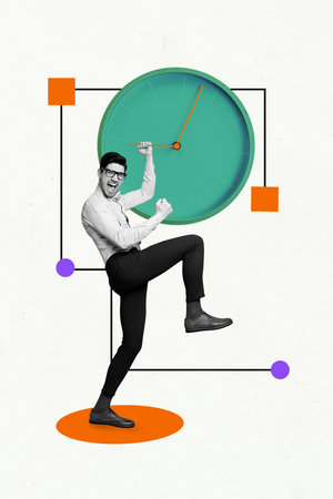 Template sketch trend artwork 3D photo collage of fast oclock time deadline point work businessman young guy excited smile win successの写真素材