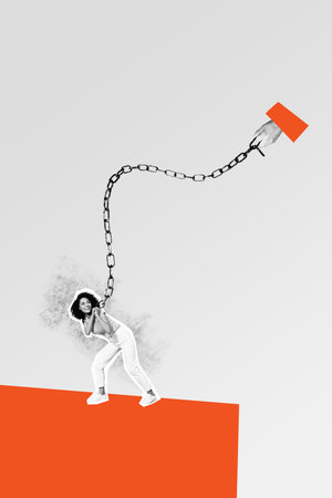 Vertical 3d design trend artwork collage of girl carry metal chain hand boss control burden trap struggle difficultyの写真素材