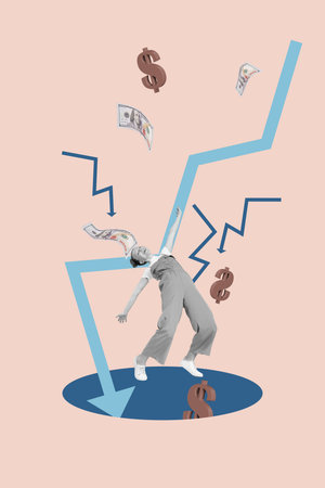 Sketch vertical photo collage of inexperienced businesswoman businessman stand arrow decline dollar loss crisis inflation bankruptの写真素材
