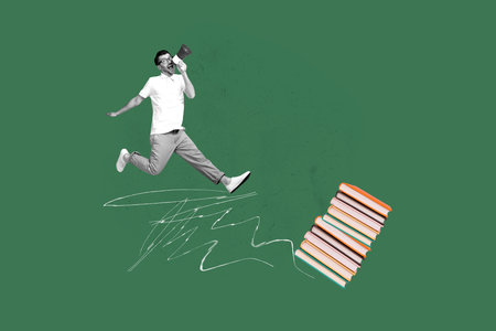 Collage of young student standing confidently beside stack of book symbolizing study knowledge educationの写真素材