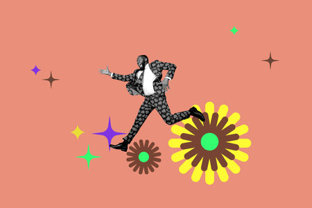 Collage of joyful fashion model in retro colorful bohemian patterns background evoking vintage style artistic flairの写真素材