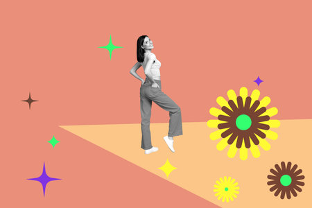 Collage of joyful fashion model in retro colorful bohemian patterns background evoking vintage style artistic flairの写真素材