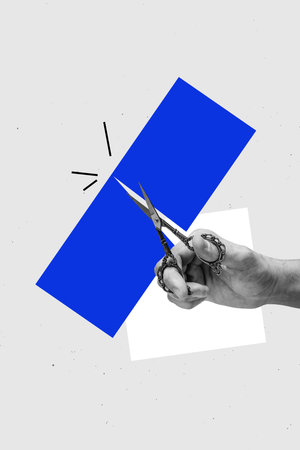 Vertical 3d artwork banner collage of hand hold scissors cut ribbon business development startup ceremony textile designerの写真素材