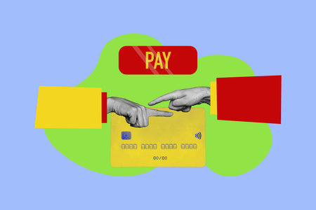 Collage of person hand with credit card and money symbols representing online shopping finance...