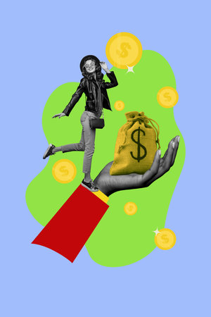 Collage featuring confident business man woman with money bag light bulb laptop smartphone symbolizing ideas success paymentの写真素材