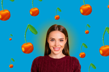 Creative poster banner 3d collage photo of happy pretty girl stand sweet cherry berry summer nutrition healthy diet vitaminの写真素材