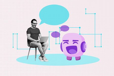3d banner image pop photo collage of happy man sit chair type laptop bubble correspondence artificial intelligence helper botの写真素材