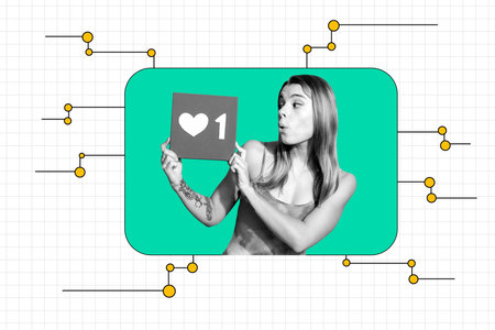 Zine full 3d artwork banner collage of happy girl dance smm like reaction popular content influencer...