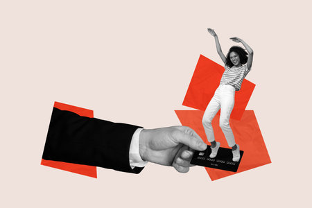 Image pop artwork 3d photo collage of happy girl millionaire dance hand hold credit card income e-banking transaction capitalの写真素材