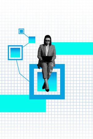 Vertical pop poster banner collage of happy businesswoman hold clipboard graph development statistics aim achievement goalの写真素材