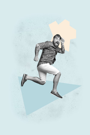 Collage of cheerful young man energetically among bright geometric shapes symbolizing carefree joy funの写真素材