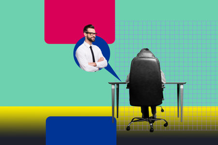 Art sketch 3d image banner collage of happy business partners development bubble remote communication boss chatterbox speechの写真素材