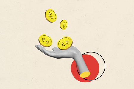 Composite 3D photo collage design trend sketch of hand hold coins dollars money investment earnings market wealth bank donate economyの写真素材