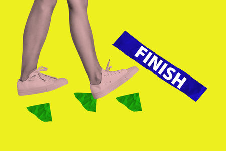 Artwork sketch banner full 3d collage of anonym businesswoman legs step sneakers finish lineの写真素材