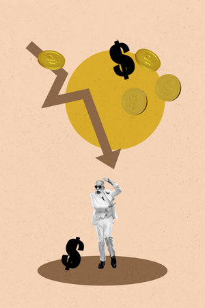 Pop art image collage of inexperienced businesswoman businessman stand arrow decline dollar loss crisis inflation coin bankruptの写真素材