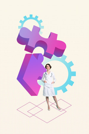 Banner poster trendy collage photo of happy girl doctor hold clipboard puzzle match gearwheel 3d effect development careerの写真素材