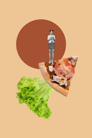 Vertical trendy image photo collage of happy girl guy stand pizza slice junk food nutrition lettuce leaf pizzeria deliveryの写真素材
