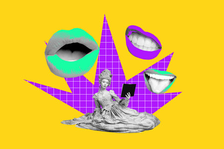 Poster 3d image artwork banner collage of serious duchess girl hold book mouth gossip renaissance period history characterの写真素材