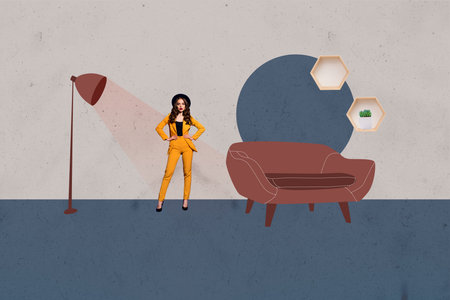 Creative collage of chair armchair with lamp symbolizing home interior design, apartment renovation furniture decorationの写真素材