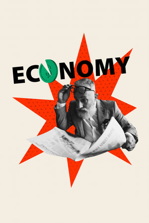 Poster image vertical photo collage of shocked old businessman hold newspaper economy collapse dollar coin inflation problemの写真素材