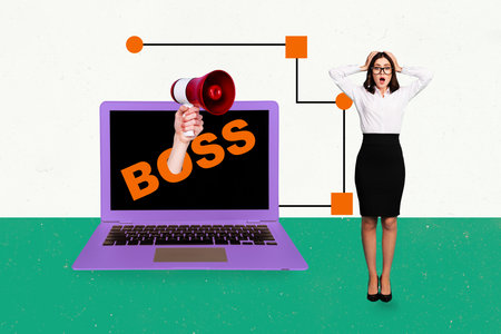 3D collage poster template artwork sketch of young lady shocked stand laptop megaphone boss dismissal unemployed conflict business jobの写真素材