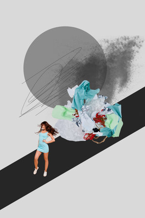 Modern earth day collage showing hills of trash highlighting pollution recycling plastic usage volunteering responsible planet attitudeの写真素材