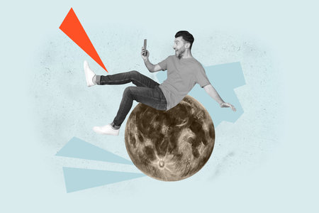 Collage of a joyful man dancing beside surreal full moon blending cosmic elements with playful...