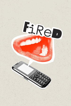 Banner 3d artwork poster collage of mouth scream bubble phone problem job cut staff termination unemploymentの写真素材