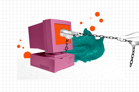 Creative trend artwork design 3D collage sketch of computer monitor technology online internet virtual hand hold iron chain pull displayの写真素材