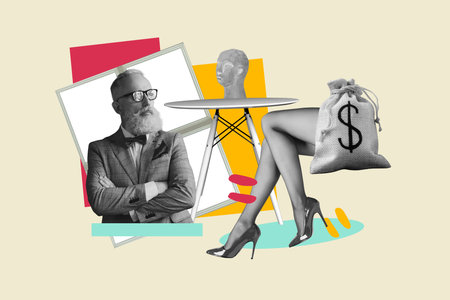 Composite poster banner 3d collage photo of serious old man stand furniture shop dollar bag income dummy female legs sellerの写真素材