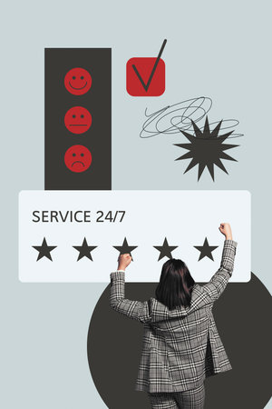 Collage of business woman man person check feedback messages online customer reviews and 5 star service experience conceptの写真素材