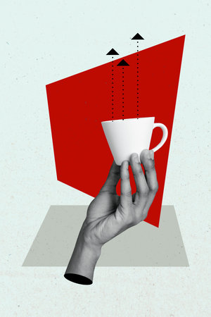 Composite pop zine sketch artwork collage of human hand hold coffee cup americano beverage tea herbal delicious organic drinkの写真素材
