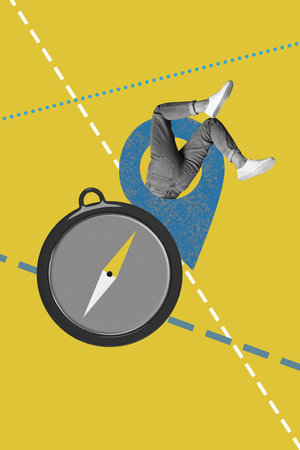 Vertical trendy banner 3d collage photo of anonym girl instead body geolocation icon summer travel vacation lost path compassの写真素材