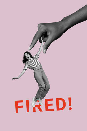 Poster image vertical photo collage of shocked girl stand hand control puppet jobless employee...