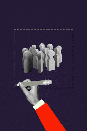 Zine image artwork 3d photo collage of human hand hold pencil draw wooden stick man figure hiring company recruitment strikeの写真素材