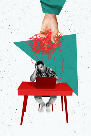 Zine vertical image poster collage of unhappy employee man sit workplace hand hold rope pressure workload exploitationの写真素材