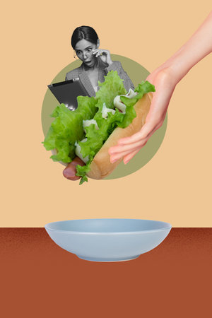 Vertical 3d photo banner collage of happy guy girl stand hot dog sandwich nutrition diet fast food lettuce junk order cafeの写真素材
