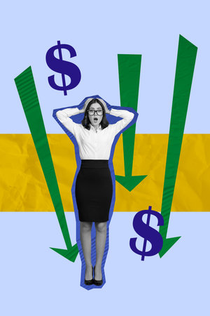 Trend artwork photo collage of forex crisis investor business downwards budget shocked young...