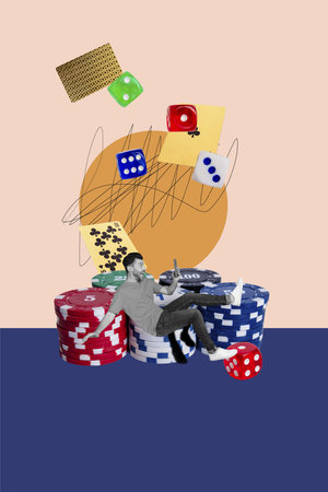Collage of casino theme with cards dice chips poker roulette blackjack representing gambling temptation and riskの写真素材