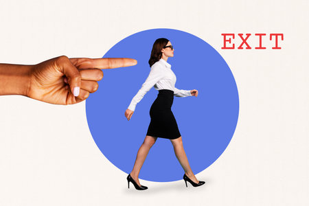 Trend artwork collage template composite sketch of finger point gesture showing young woman walk exit career job loss rejection stressの写真素材